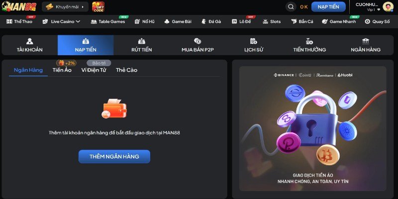 Hệ thống nạp tiền Man88 hỗ trợ nhiều phương thức thanh toán linh hoạt